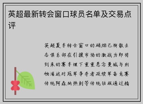 英超最新转会窗口球员名单及交易点评