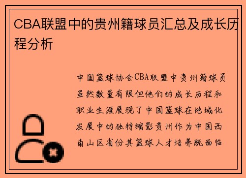 CBA联盟中的贵州籍球员汇总及成长历程分析